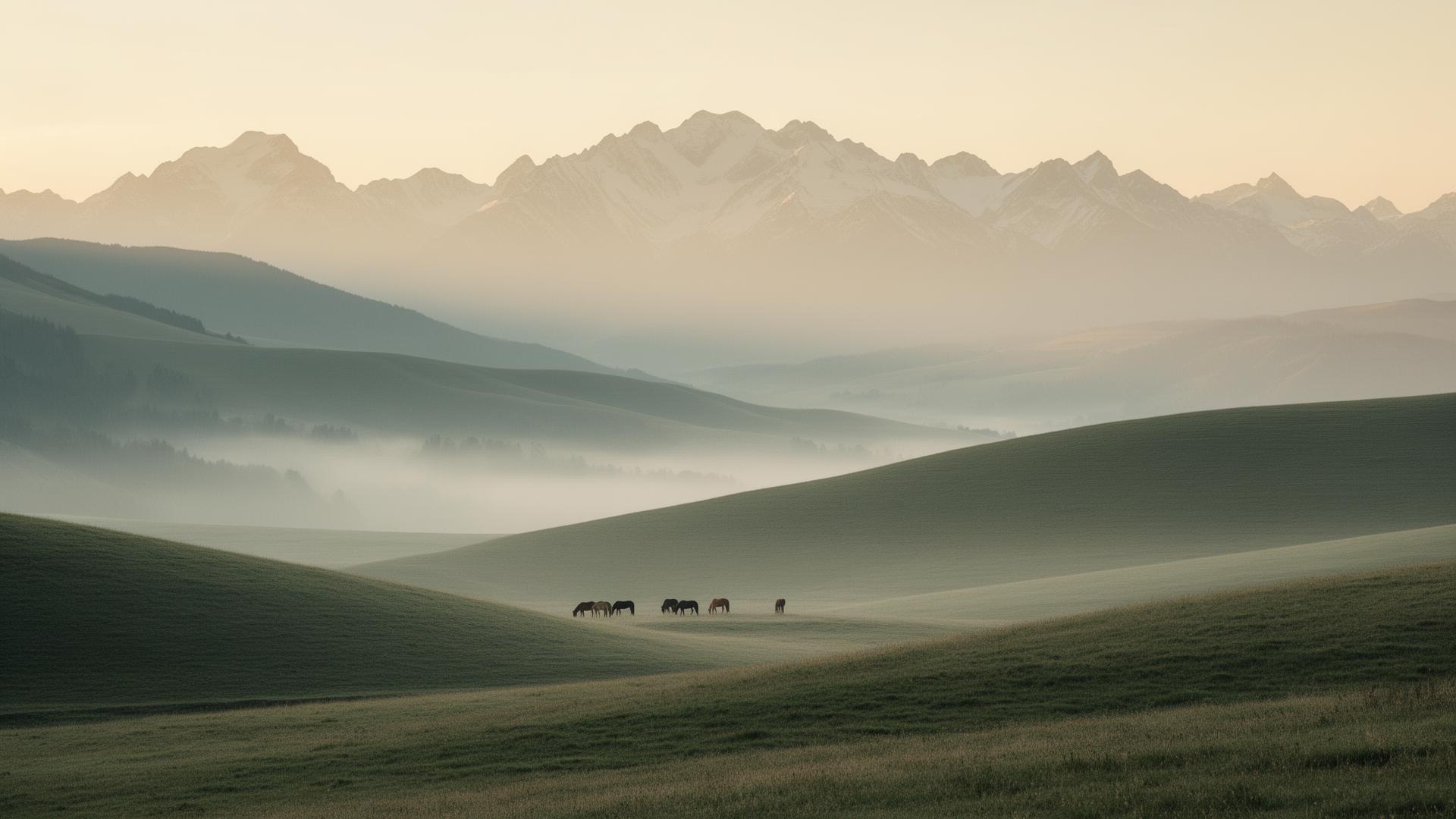 Caballos pastando bajo montañas nevadas al amanecer